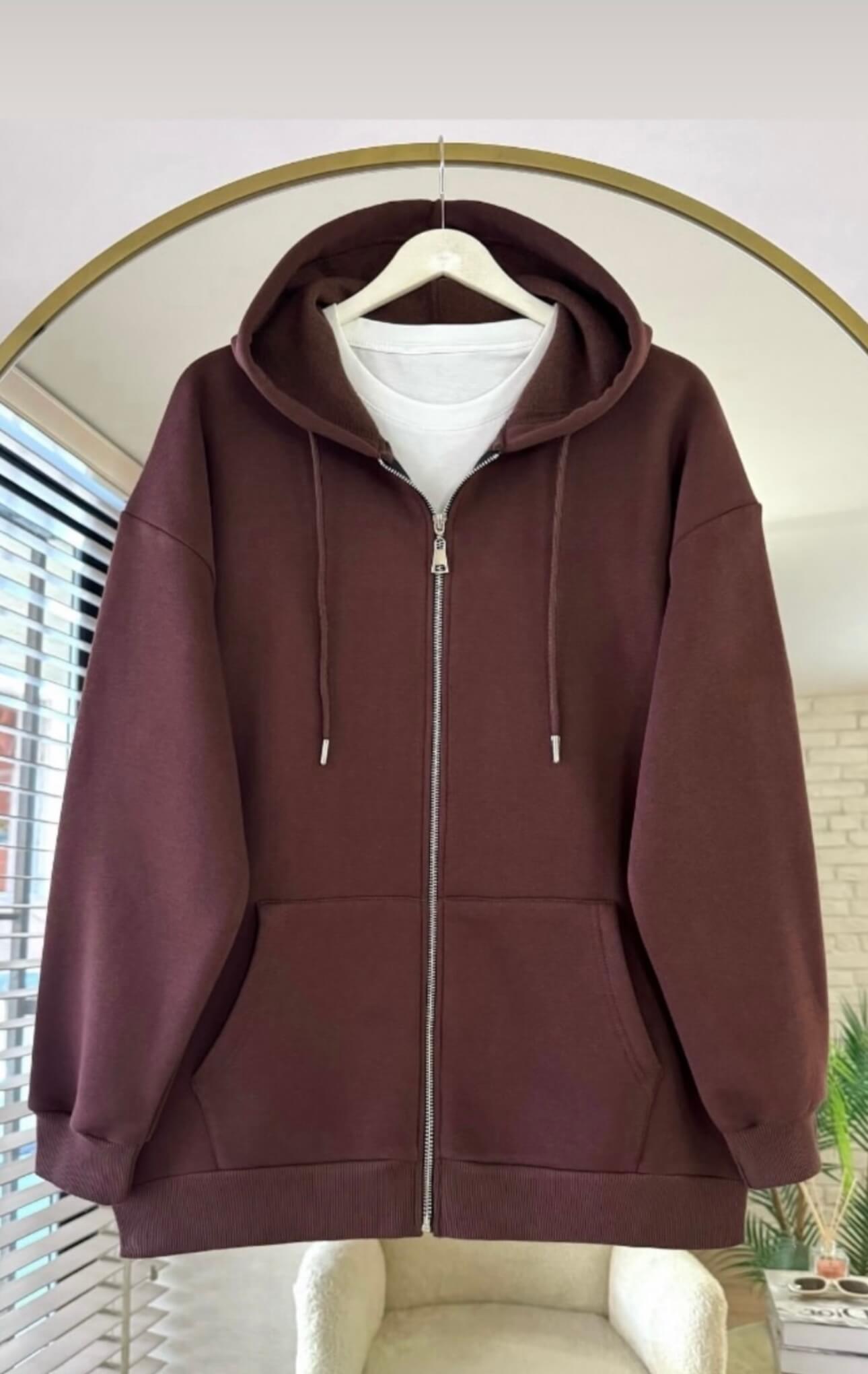 Fermuarlı Kapüşonlu 3 İplik Hırka