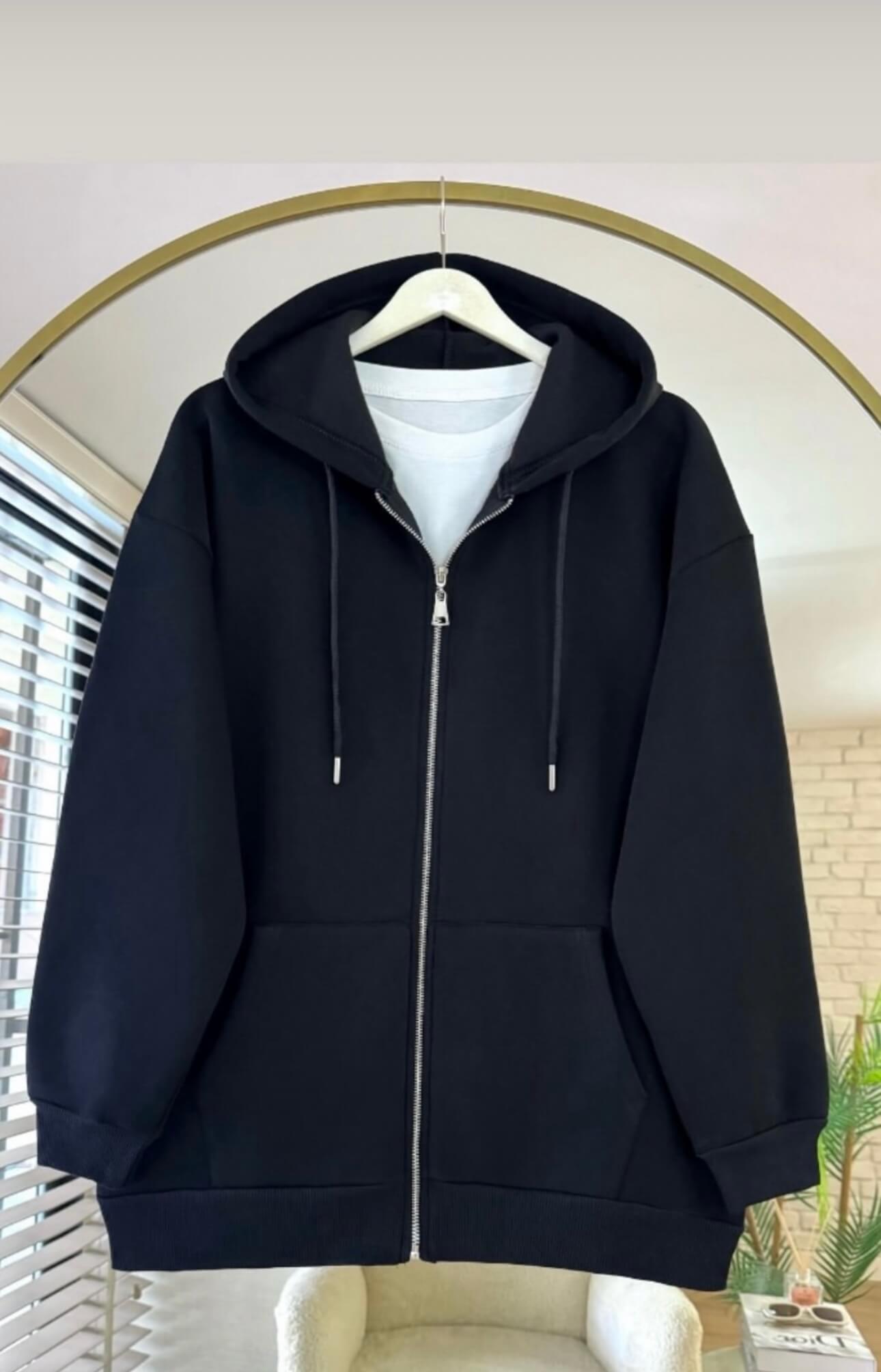 Fermuarlı Kapüşonlu 3 İplik Hırka