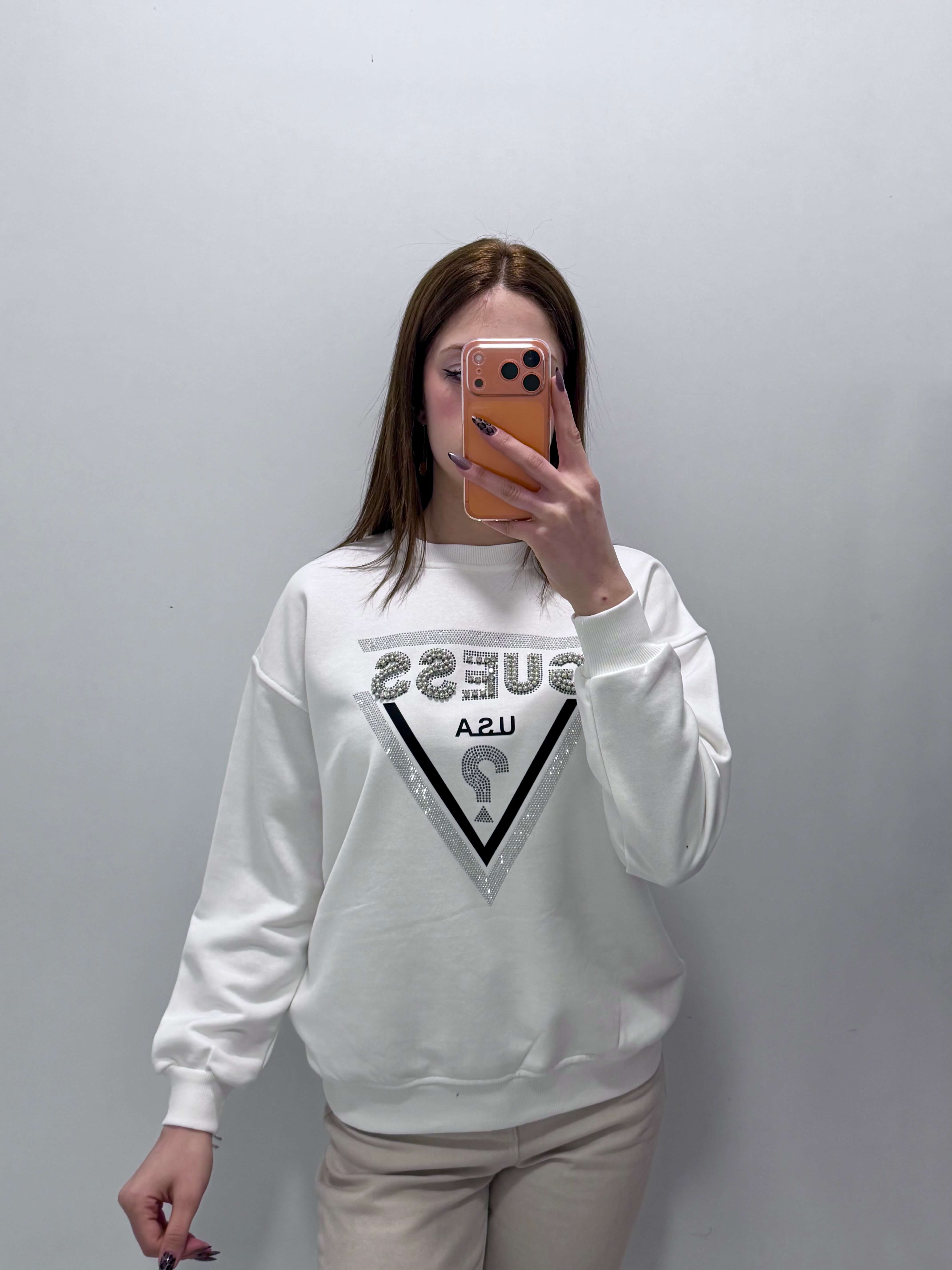 Taşlı Sweatshirt Beyaz